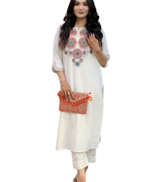 Women's Cotton Ethnic Set with Kurta, Palazzo & Dupatta(L)