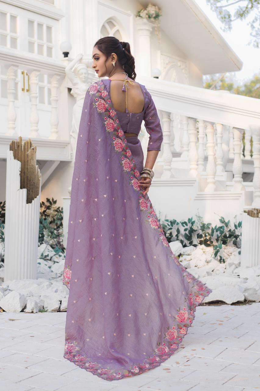 Women's Pristine White Organza Saree with Exquisite Pink & Green Floral Thread Embroidery – Complete with Matching Embroidered Blouse for Festive & Summer Wear - Image 16