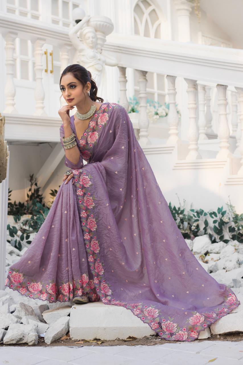 Women's Pristine White Organza Saree with Exquisite Pink & Green Floral Thread Embroidery – Complete with Matching Embroidered Blouse for Festive & Summer Wear - Image 15